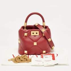 Pre Owned Valentino Burgundy Leather Small Roman Stud Top Handle Bag
