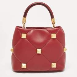 Pre Owned Valentino Burgundy Leather Small Roman Stud Top Handle Bag