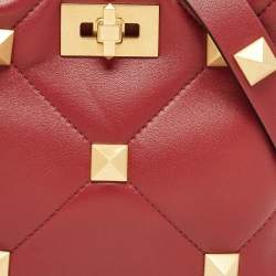 Pre Owned Valentino Burgundy Leather Small Roman Stud Top Handle Bag