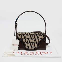 Pre Owned Valentino Brown/Beige Iconographe Canvas and Leather Le Petite Deuxième Top Handle Bag