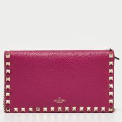 Pre Owned Valentino Fuchsia Leather Rockstud Flap Wallet on Chain