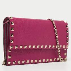 Pre Owned Valentino Fuchsia Leather Rockstud Flap Wallet on Chain