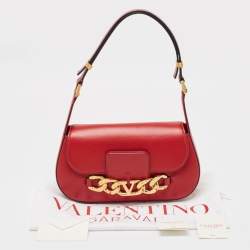 Pre Owned Valentino Red Leather Vlogo Chain Hobo