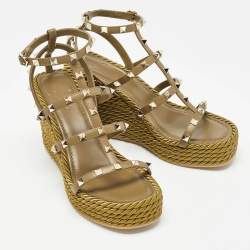 Pre Owned Valentino Green Leather Rockstud Wedge Sandals Size 39