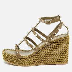 Pre Owned Valentino Green Leather Rockstud Wedge Sandals Size 39