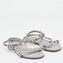 Pre Owned Valentino Grey Leather Rockstud Strappy Flat Sandals Size 38