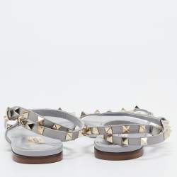 Pre Owned Valentino Grey Leather Rockstud Strappy Flat Sandals Size 38