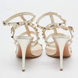 Pre Owned Valentino Gold Leather Rockstud Ankle Strap Sandals Size 39.5