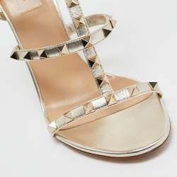 Pre Owned Valentino Gold Leather Rockstud Ankle Strap Sandals Size 39.5