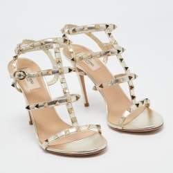 Pre Owned Valentino Gold Leather Rockstud Ankle Strap Sandals Size 39.5