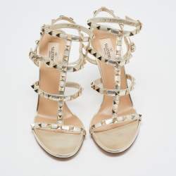 Pre Owned Valentino Gold Leather Rockstud Ankle Strap Sandals Size 39.5