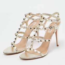 Pre Owned Valentino Gold Leather Rockstud Ankle Strap Sandals Size 39.5