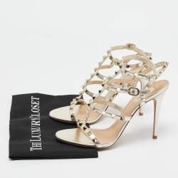 Pre Owned Valentino Gold Leather Rockstud Ankle Strap Sandals Size 39.5