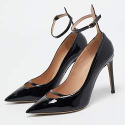 Pre Owned Valentino Black Patent Leather Ankle Cuff Pointed Toe Pumps Size 37.5