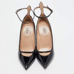 Pre Owned Valentino Black Patent Leather Ankle Cuff Pointed Toe Pumps Size 37.5