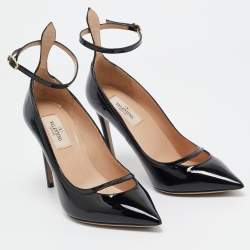 Pre Owned Valentino Black Patent Leather Ankle Cuff Pointed Toe Pumps Size 37.5