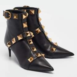 Pre Owned Valentino Black Leather Stud Ankle Boots Size 38.5