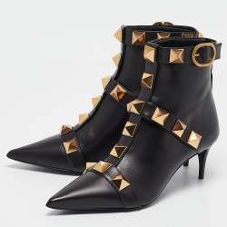 Pre Owned Valentino Black Leather Stud Ankle Boots Size 38.5