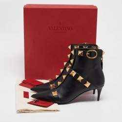 Pre Owned Valentino Black Leather Stud Ankle Boots Size 38.5
