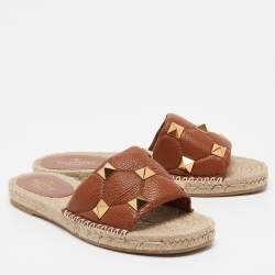 Pre Owned Valentino Brown Leather Roman Stud Flat Slides Size 40