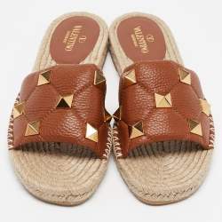 Pre Owned Valentino Brown Leather Roman Stud Flat Slides Size 40