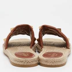 Pre Owned Valentino Brown Leather Roman Stud Flat Slides Size 40