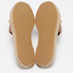 Pre Owned Valentino Brown Leather Roman Stud Flat Slides Size 40