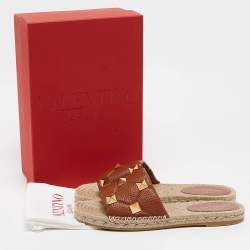 Pre Owned Valentino Brown Leather Roman Stud Flat Slides Size 40