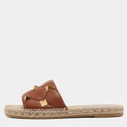 Pre Owned Valentino Brown Leather Roman Stud Flat Slides Size 40