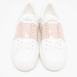 Pre Owned Valentino White/Beige Leather Rockstud Low Top Sneakers Size 38