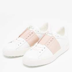 Pre Owned Valentino White/Beige Leather Rockstud Low Top Sneakers Size 38
