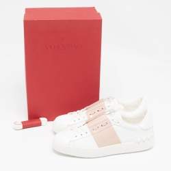 Pre Owned Valentino White/Beige Leather Rockstud Low Top Sneakers Size 38