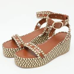Pre Owned Valentino Multicolor Leather and Raffia Rockstud Platform Espadrille Sandals Size 37
