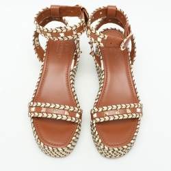 Pre Owned Valentino Multicolor Leather and Raffia Rockstud Platform Espadrille Sandals Size 37