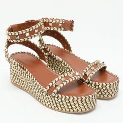 Pre Owned Valentino Multicolor Leather and Raffia Rockstud Platform Espadrille Sandals Size 37