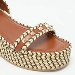 Pre Owned Valentino Multicolor Leather and Raffia Rockstud Platform Espadrille Sandals Size 37