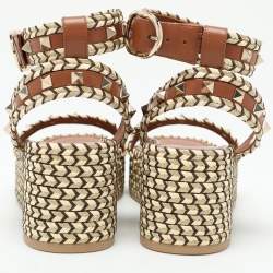 Pre Owned Valentino Multicolor Leather and Raffia Rockstud Platform Espadrille Sandals Size 37