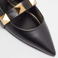 Pre Owned Valentino Black Leather Roman Stud Flat Mules Size 37