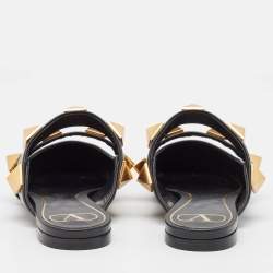 Pre Owned Valentino Black Leather Roman Stud Flat Mules Size 37