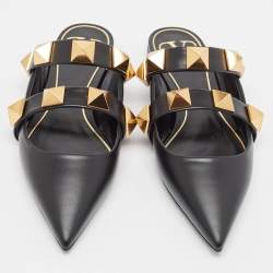 Pre Owned Valentino Black Leather Roman Stud Flat Mules Size 37