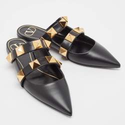 Pre Owned Valentino Black Leather Roman Stud Flat Mules Size 37