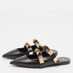 Pre Owned Valentino Black Leather Roman Stud Flat Mules Size 37