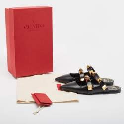Pre Owned Valentino Black Leather Roman Stud Flat Mules Size 37