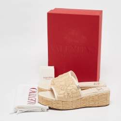 Valentino Beige/Cream Leather and Raffia Wedge Sandals Size 39