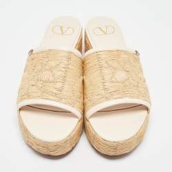 Valentino Beige/Cream Leather and Raffia Wedge Sandals Size 39