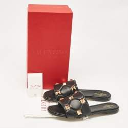 Pre Owned Valentino Black Leather Roman Stud Flat Slides Size 40