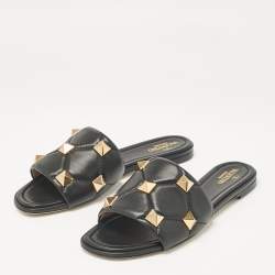 Pre Owned Valentino Black Leather Roman Stud Flat Slides Size 40