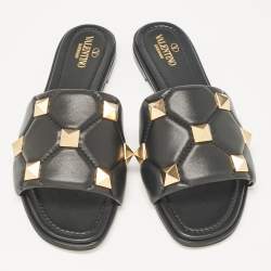 Pre Owned Valentino Black Leather Roman Stud Flat Slides Size 40