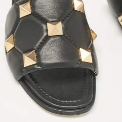 Pre Owned Valentino Black Leather Roman Stud Flat Slides Size 40