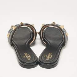 Pre Owned Valentino Black Leather Roman Stud Flat Slides Size 40